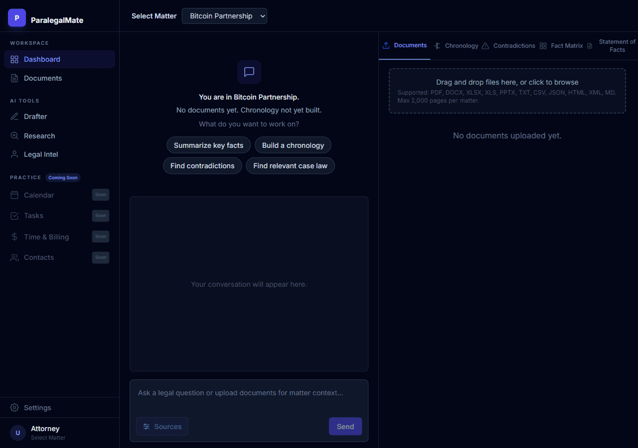 ParalegalMate matter workspace with documents, parties, and chronology