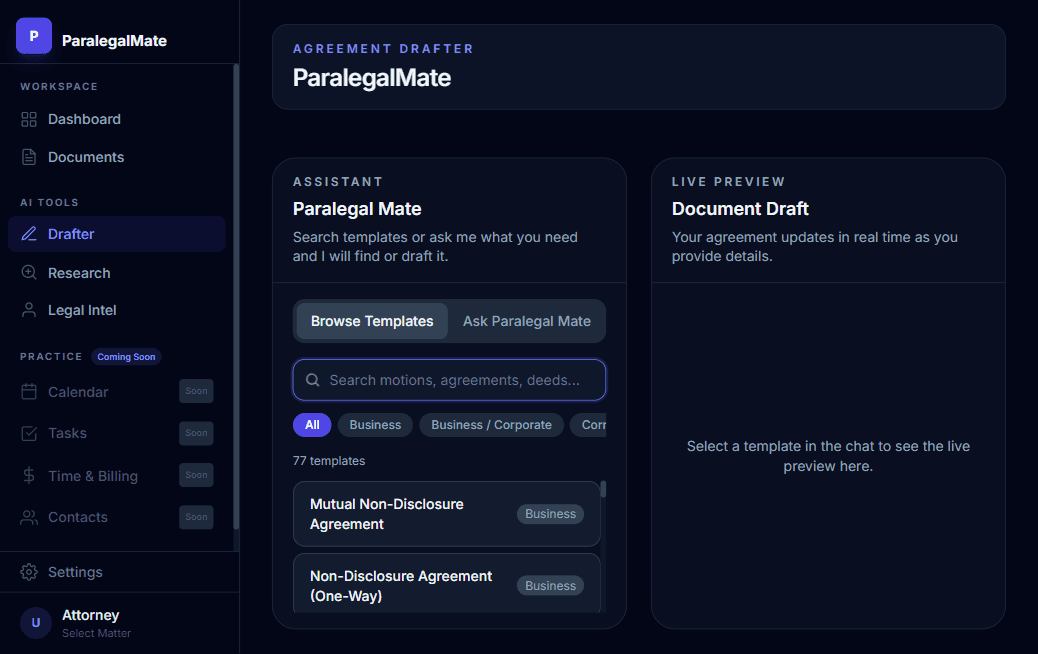 ParalegalMate drafter interface with chat panel on left and live document preview on right